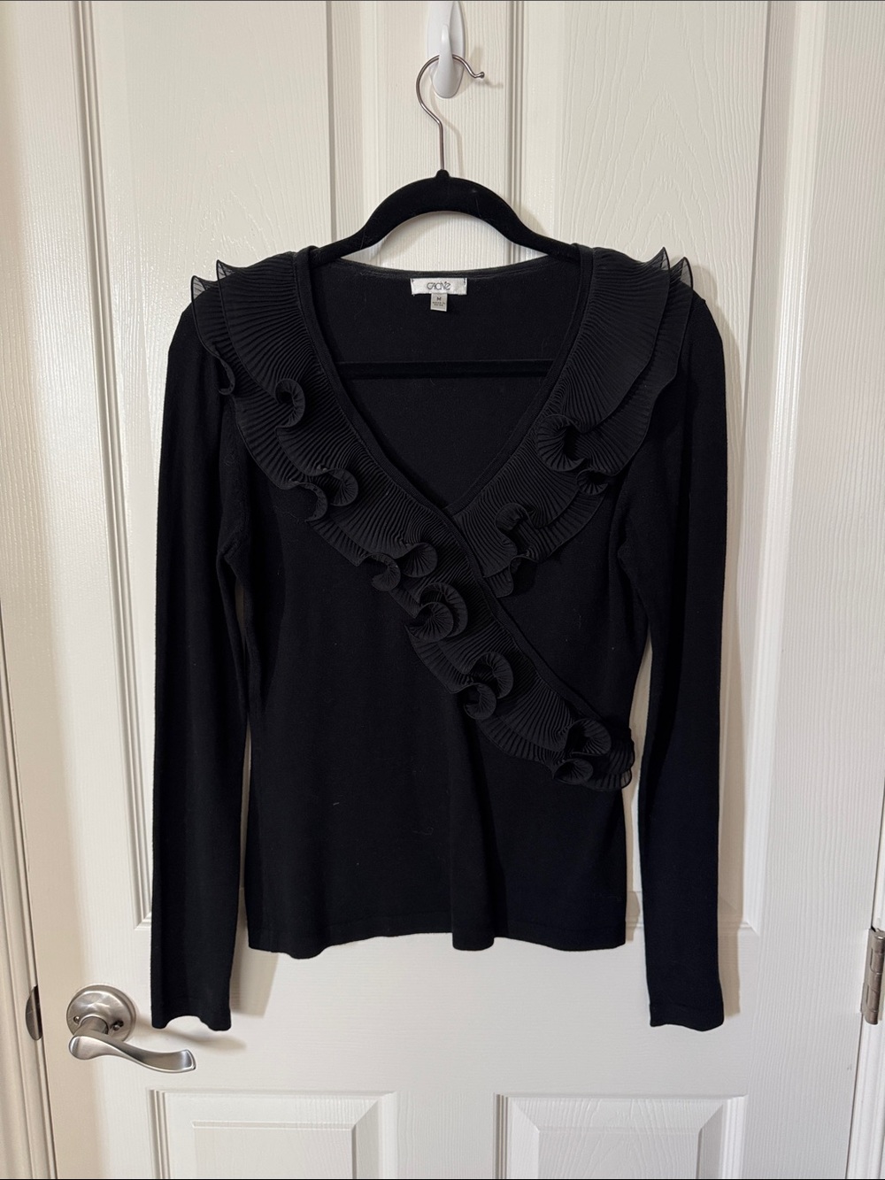 Cache Black Long-Sleeve V-Neck Top with Pleated Ruffle Trim